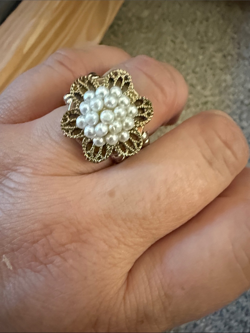 Gold-Tone Floral Cluster Ring with White Pearls